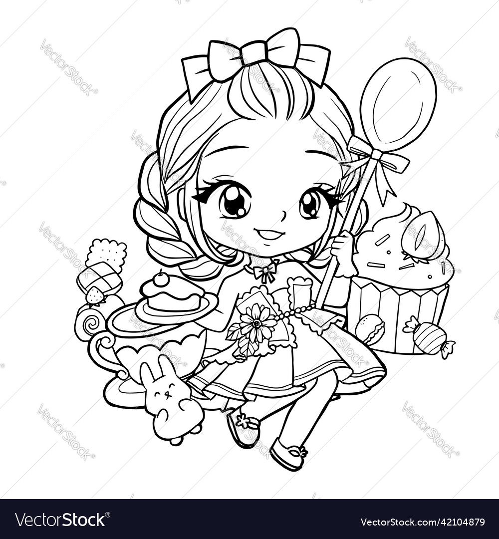 Coloring page princess kawaii style cute anime vector image