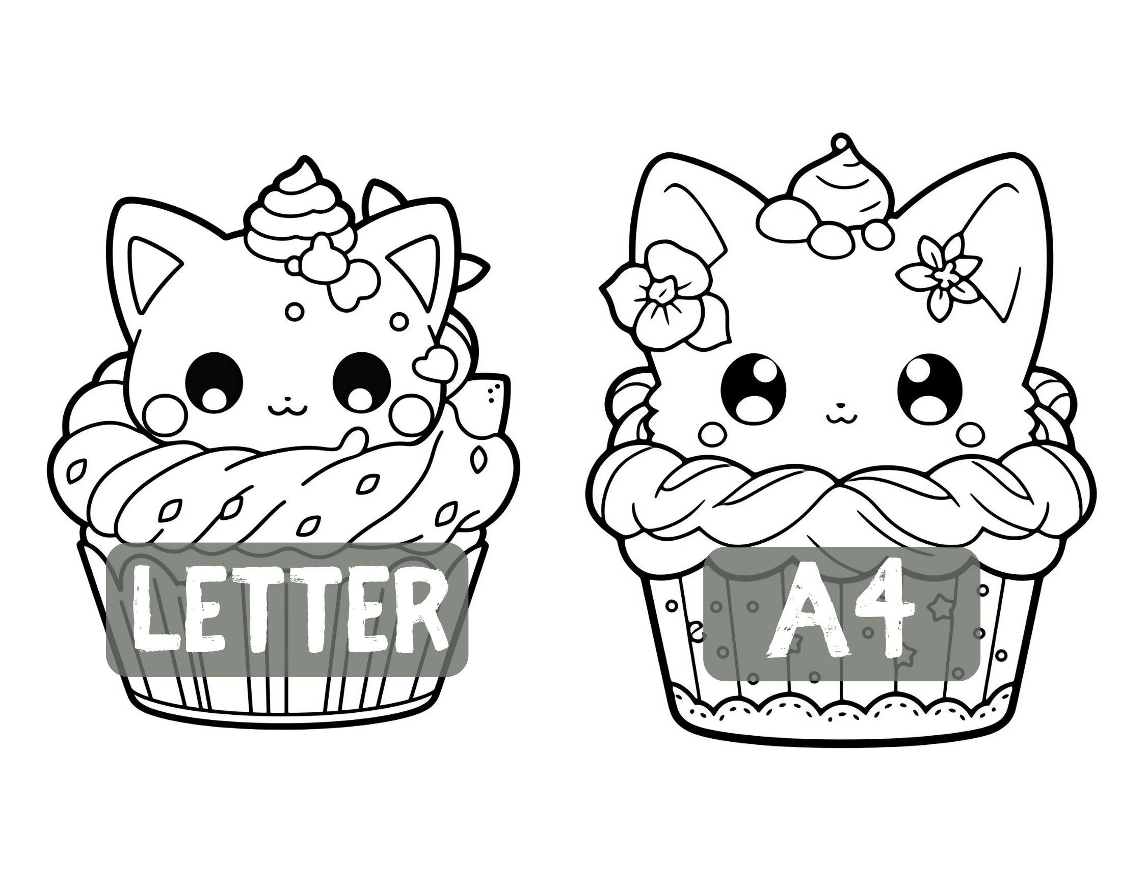 Cute kawaii cupcakes cats coloring pages adults and kids grayscale book gift anime coloring pages