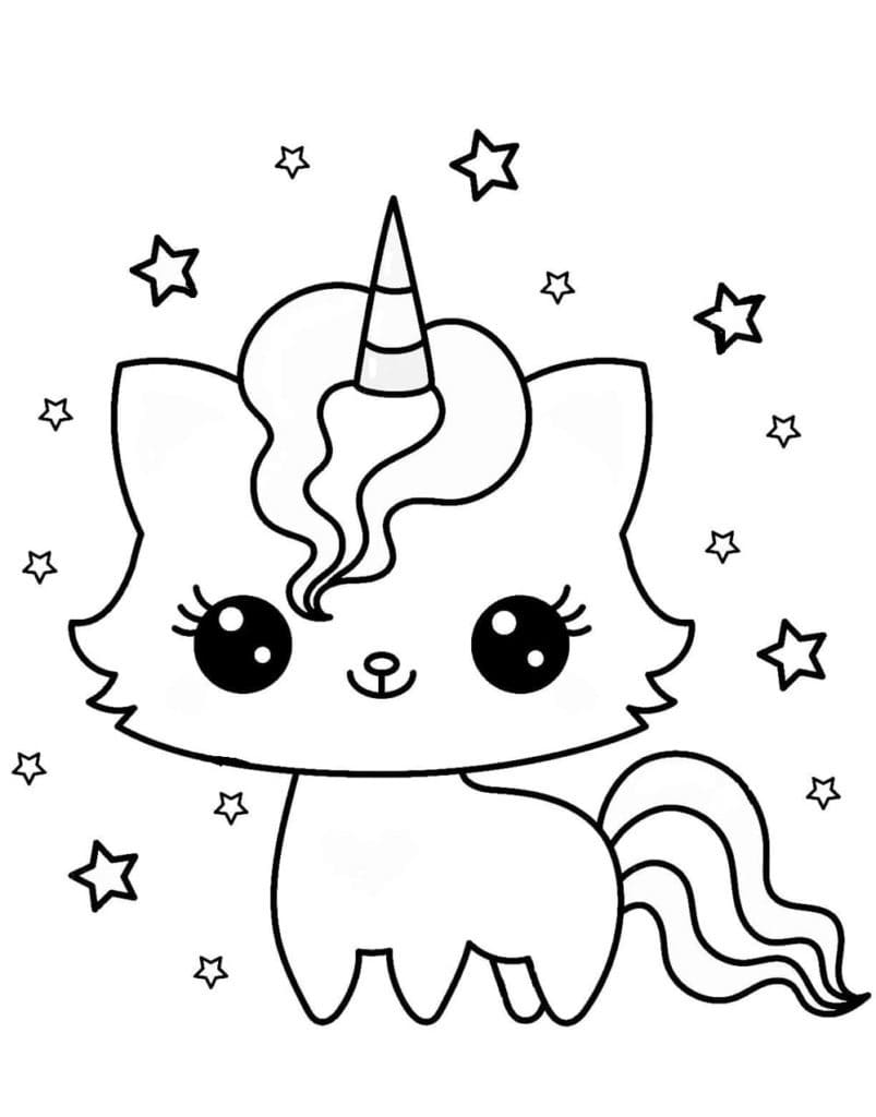 Kawaii unicorn cat coloring page