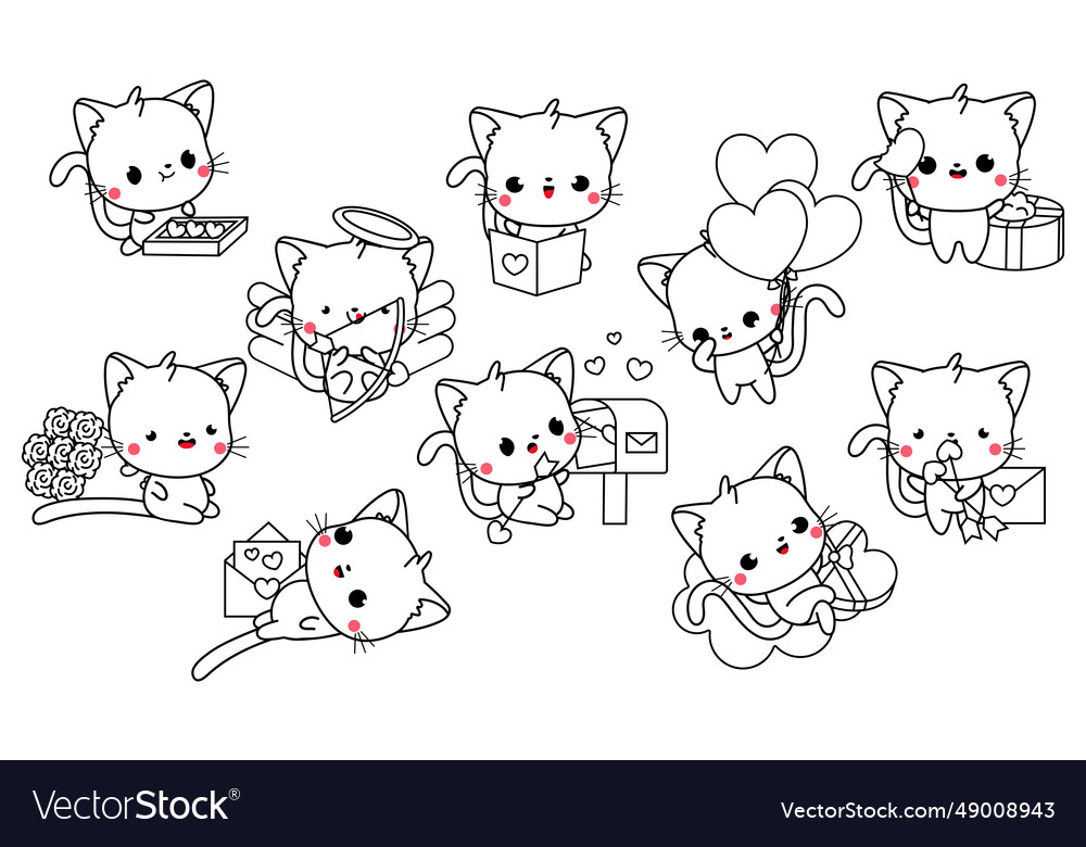 Collection of kawaii cat coloring page royalty free vector