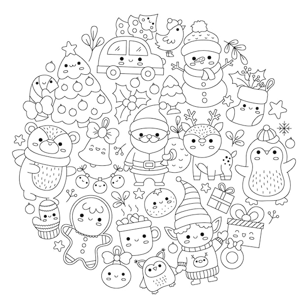 Premium vector vector christmas round line coloring page for kids with cute kawaii characters black and white winter or new year holiday illustration with funny santa claus deer elf bear tree