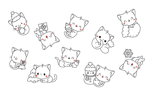 Premium vector set of vector christmas cat coloring page collection of kawaii isolated new year pet outline