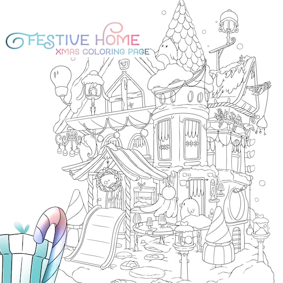 Christmas coloring page festive home decorating cute winter adult coloring page kawaii doodle digital download pdf printable by jen katz