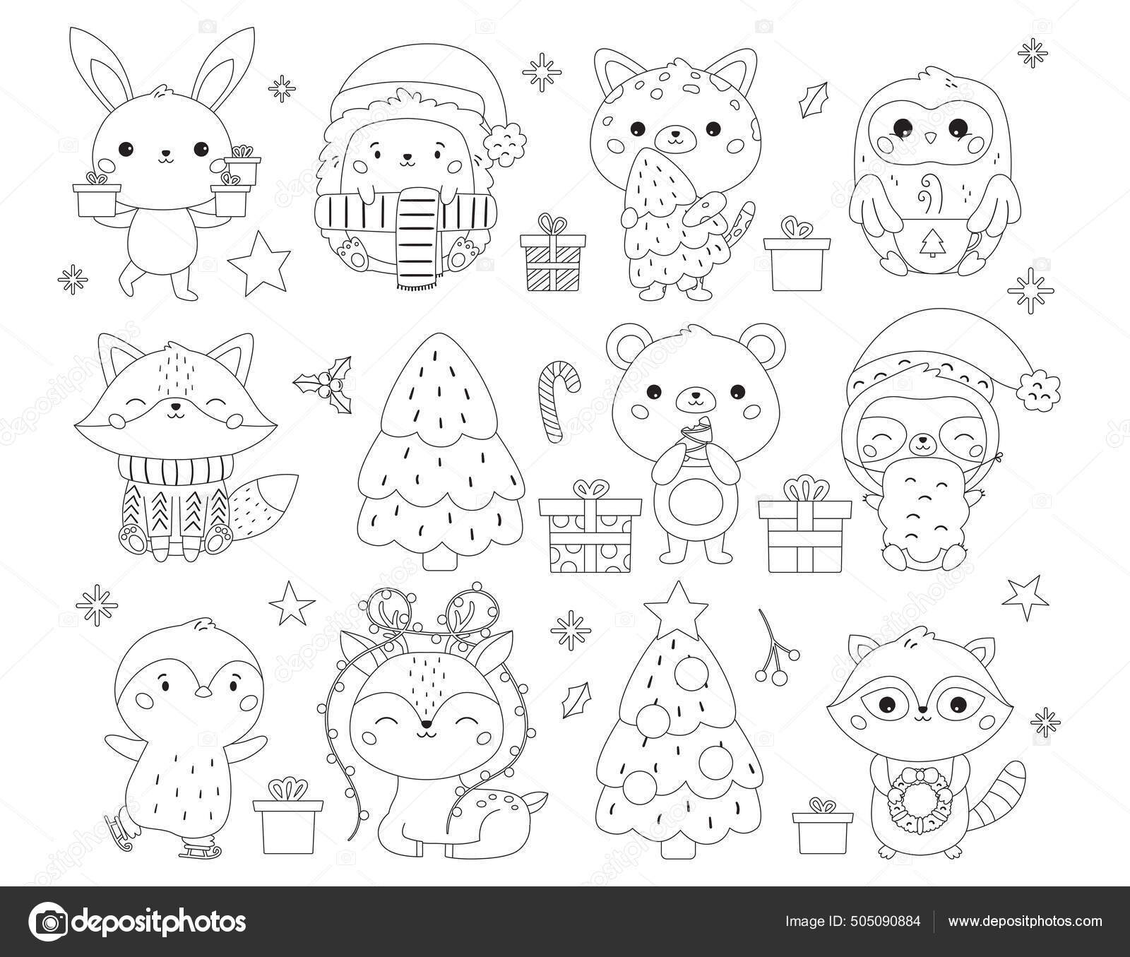 Christmas and new year set with cute animals gifts and sweets coloring page for children kawaii cartoon characters happy new year black and white outline vector illustration stock vector by kristina