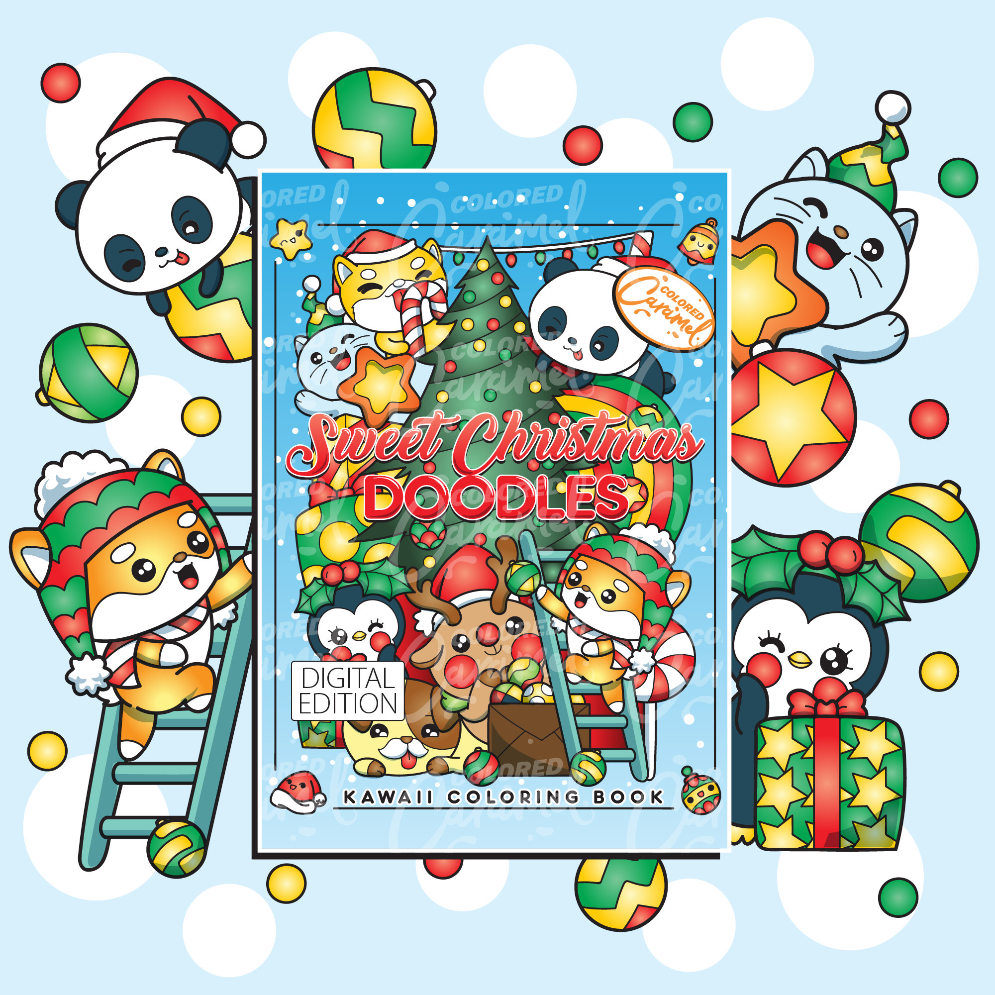 Kawaii christmas coloring book printable instant digital download pdf colorable pages with cute doodles santa animals and joyful elves