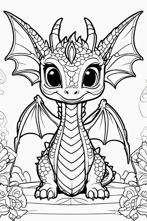 Coloring page of a beautiful dragon surrounded by bubbles pixar styke intricate details