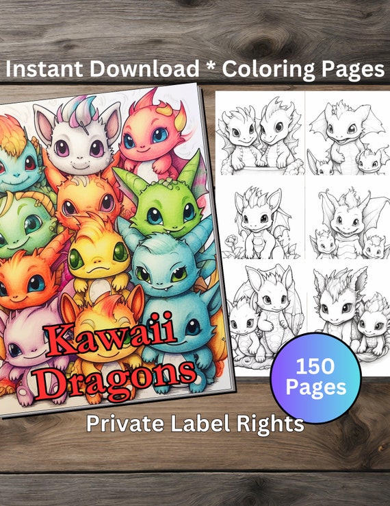 Kawaii baby dragon coloring pages to use or sell wall art templates canva insta template for digital wall art sales