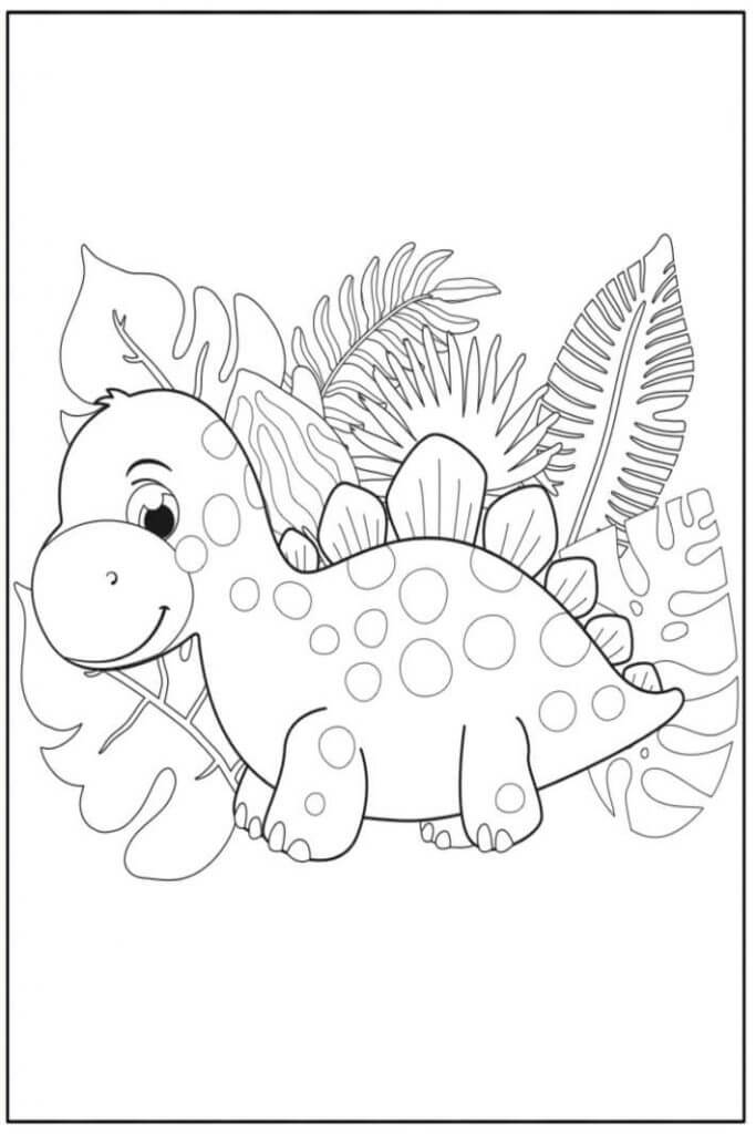 Kawaii dinosaur with leaves coloring page