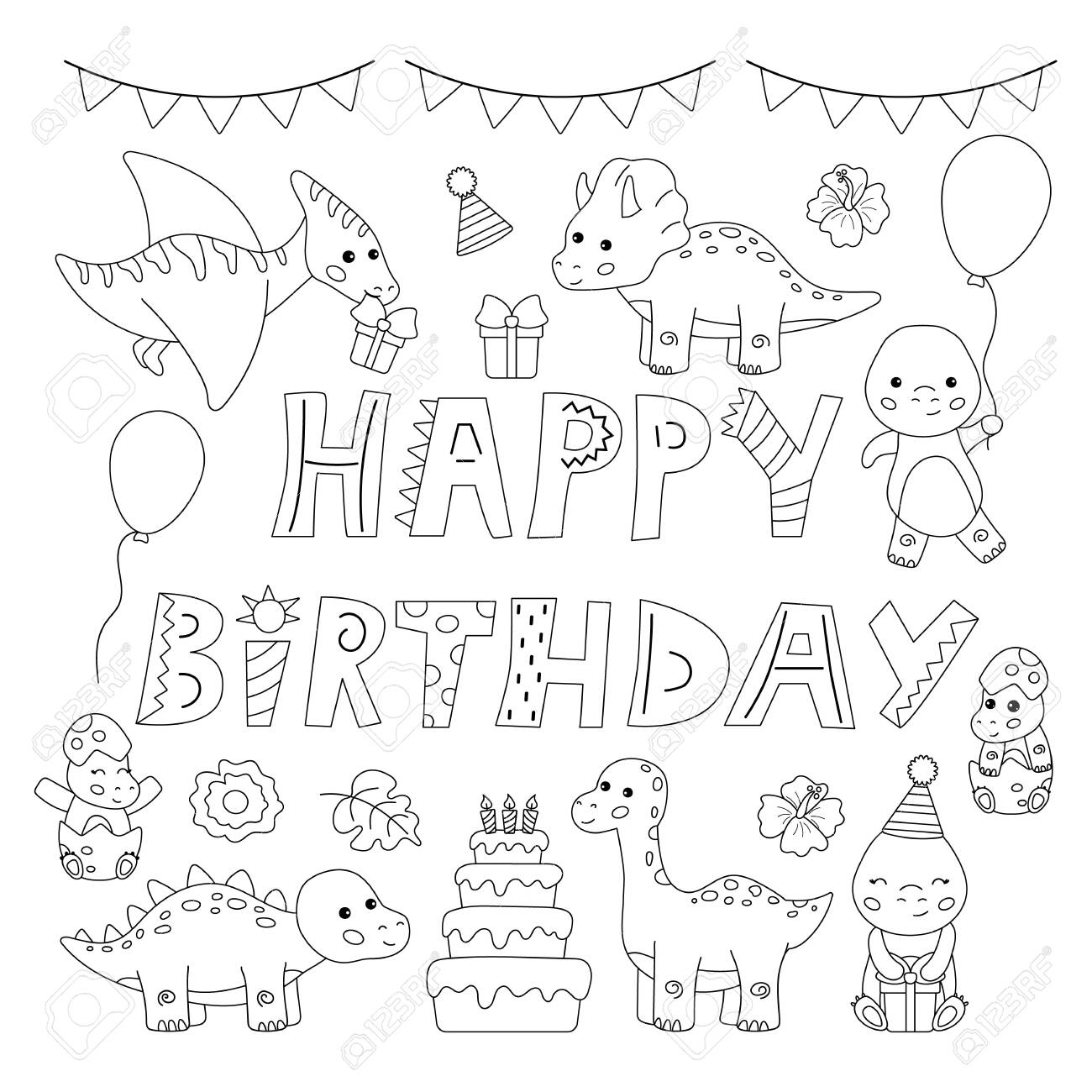 Kawaii cartoon dinosaurs happy birthday coloring page greeting card black and white vector illustration royalty free svg cliparts vectors and stock illustration image