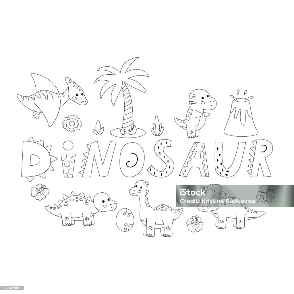 Cute cartoon kawaii dinosaurs coloring page stock illustration