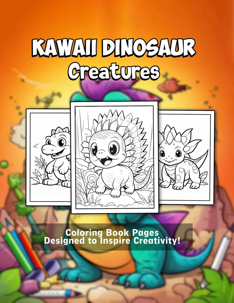 Kawaii dinosaur creatures digital printable coloring book for kids pages