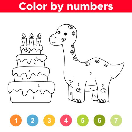 Cute kawaii dinosaur brachiosaur with birthday cake number coloring page for kids educational game learn colors