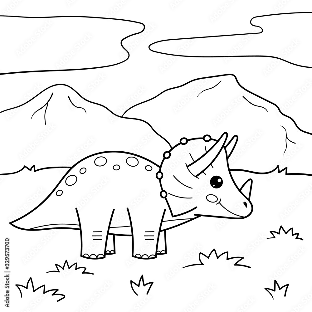 Cartoon dinosaur triceratops kawaii vector character coloring page or book for children vector