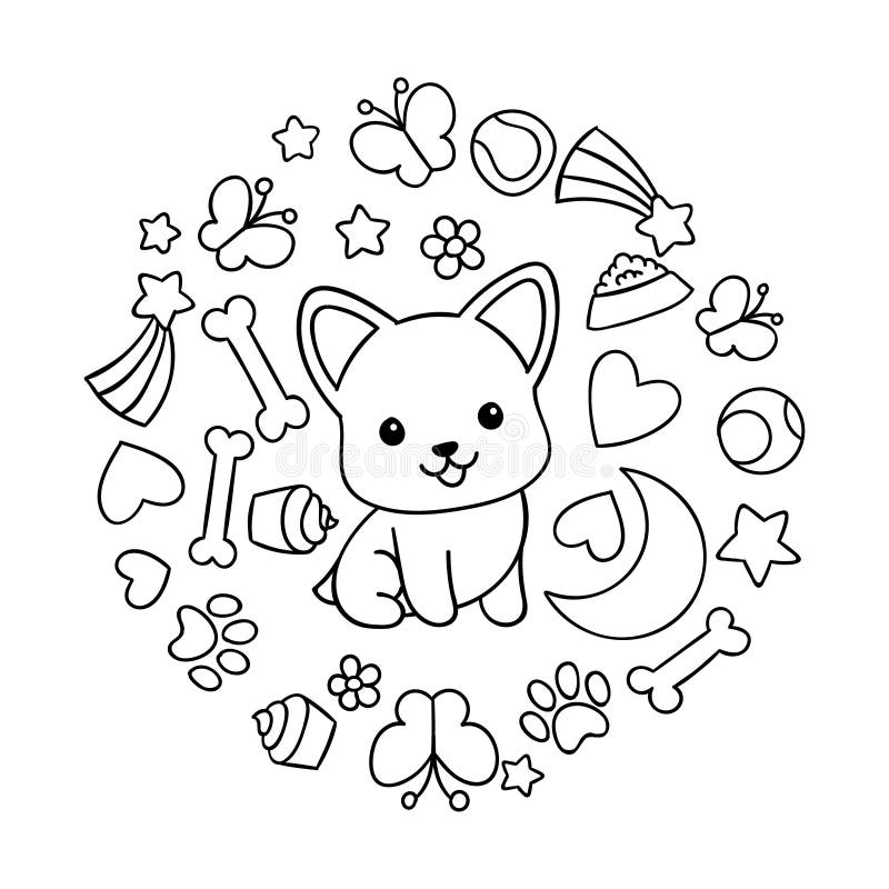 Coloring pages black and white cute kawaii hand drawn corgi dog doodles circle print stock vector