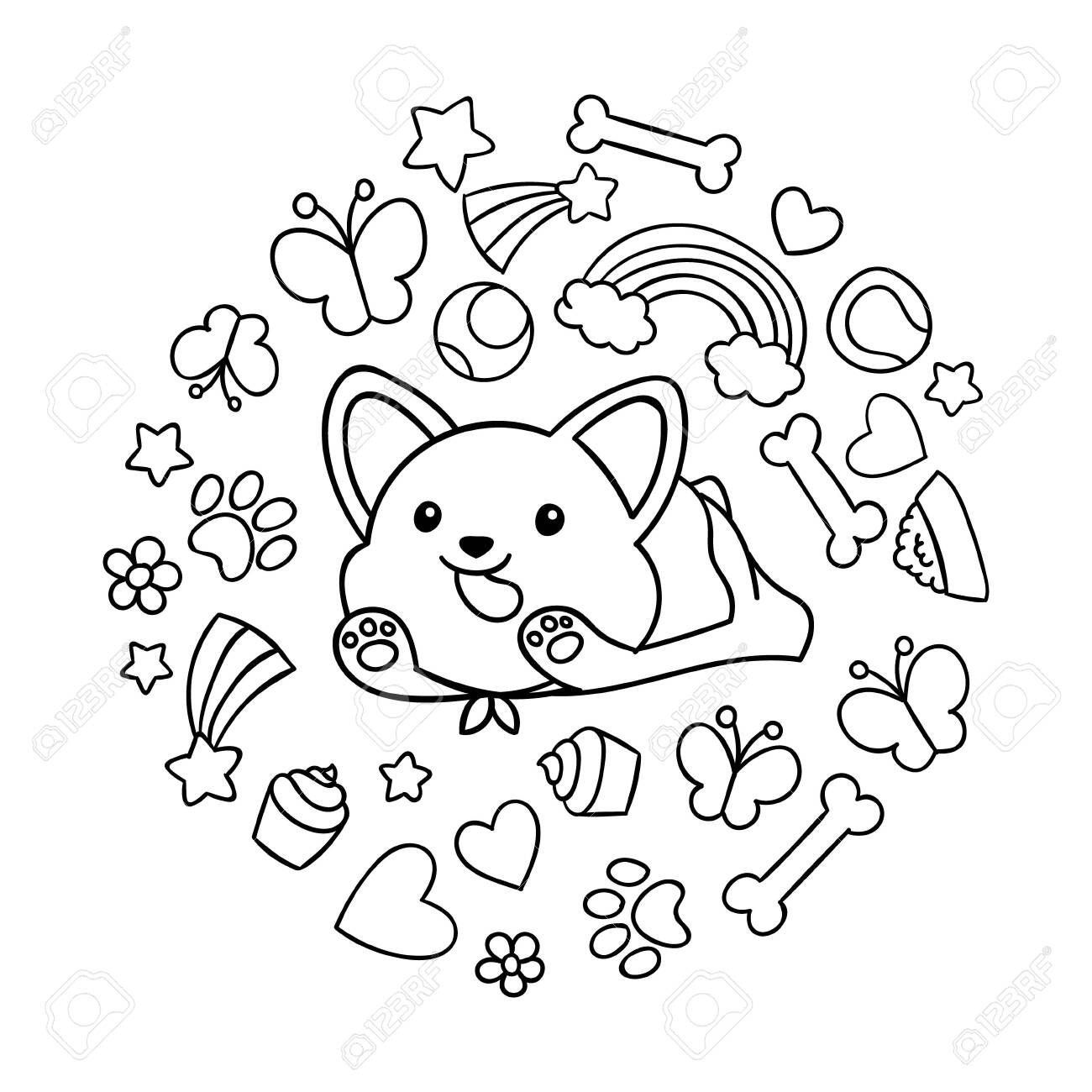 Coloring pages black and white cute kawaii hand drawn corgi dog doodles circle print print royalty free svg cliparts vectors and stock illustration image