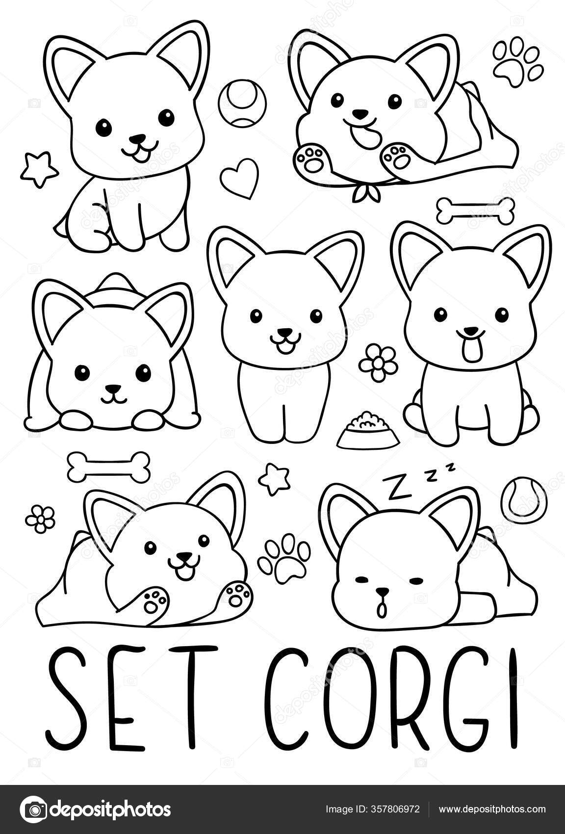 Coloring pages black white set cute kawaii hand drawn corgi stock vector by dikabrina