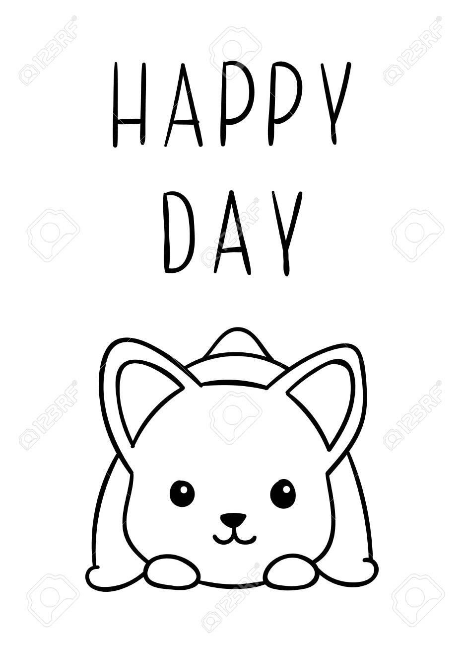 Coloring pages black and white cute kawaii hand drawn corgi dog doodles lettering happy day print royalty free svg cliparts vectors and stock illustration image