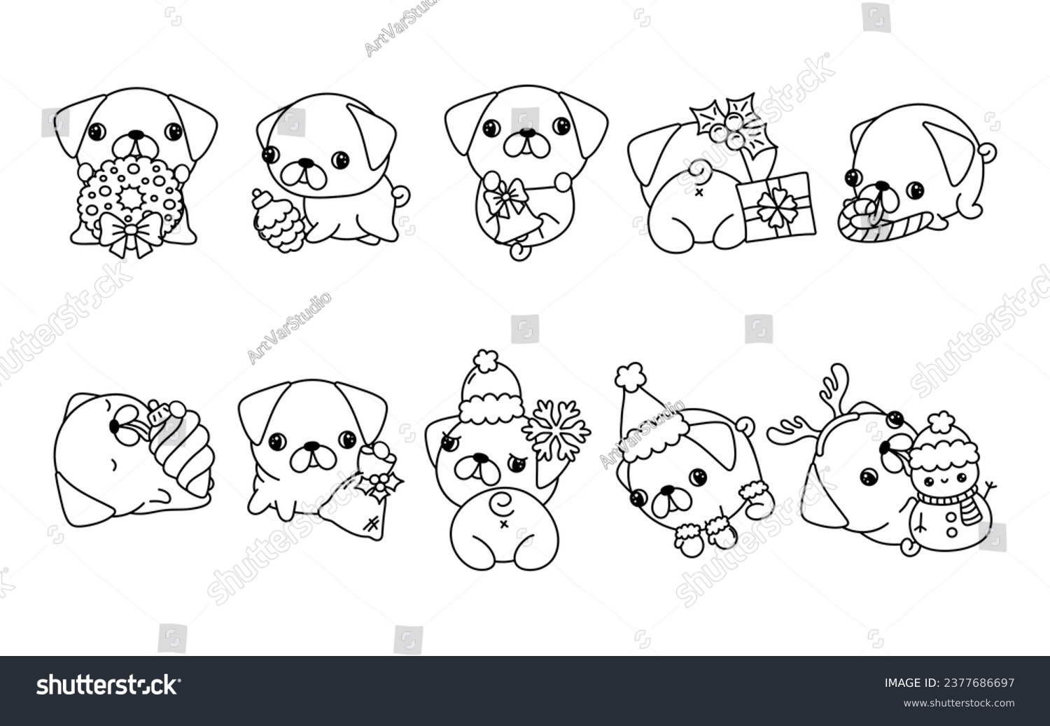 Set kawaii christmas pug dog coloring stock vector royalty free