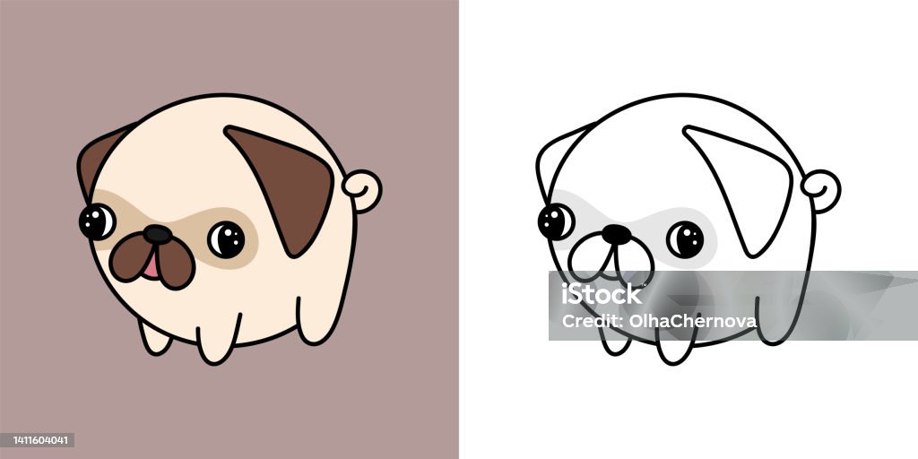 Set clipart pug dog coloring page and colored illustration clip art kawaii pug vector illustration of a kawaii dog for coloring pages prints for clothes stickers baby shower