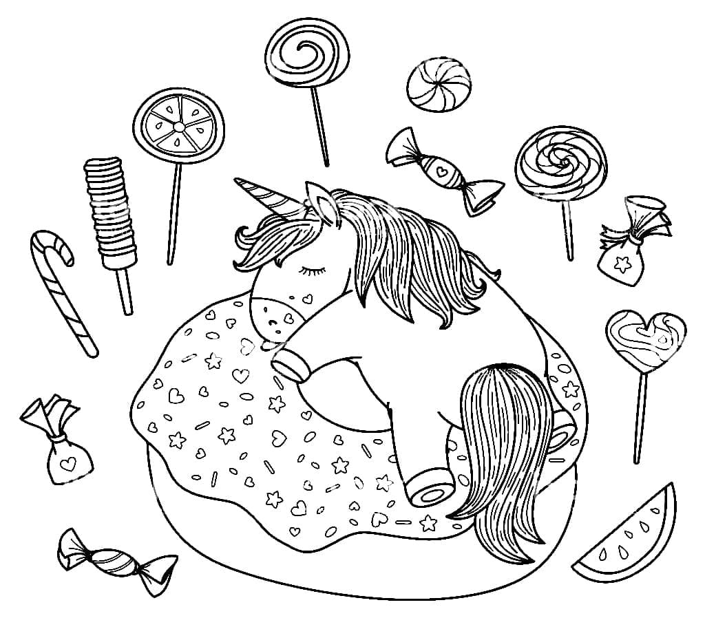 Sweet unicorn and donut coloring page