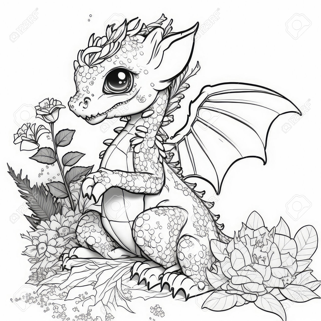 Coloring book for adult and older children coloring page with cute dragon and flowers stock photo picture and royalty free image image