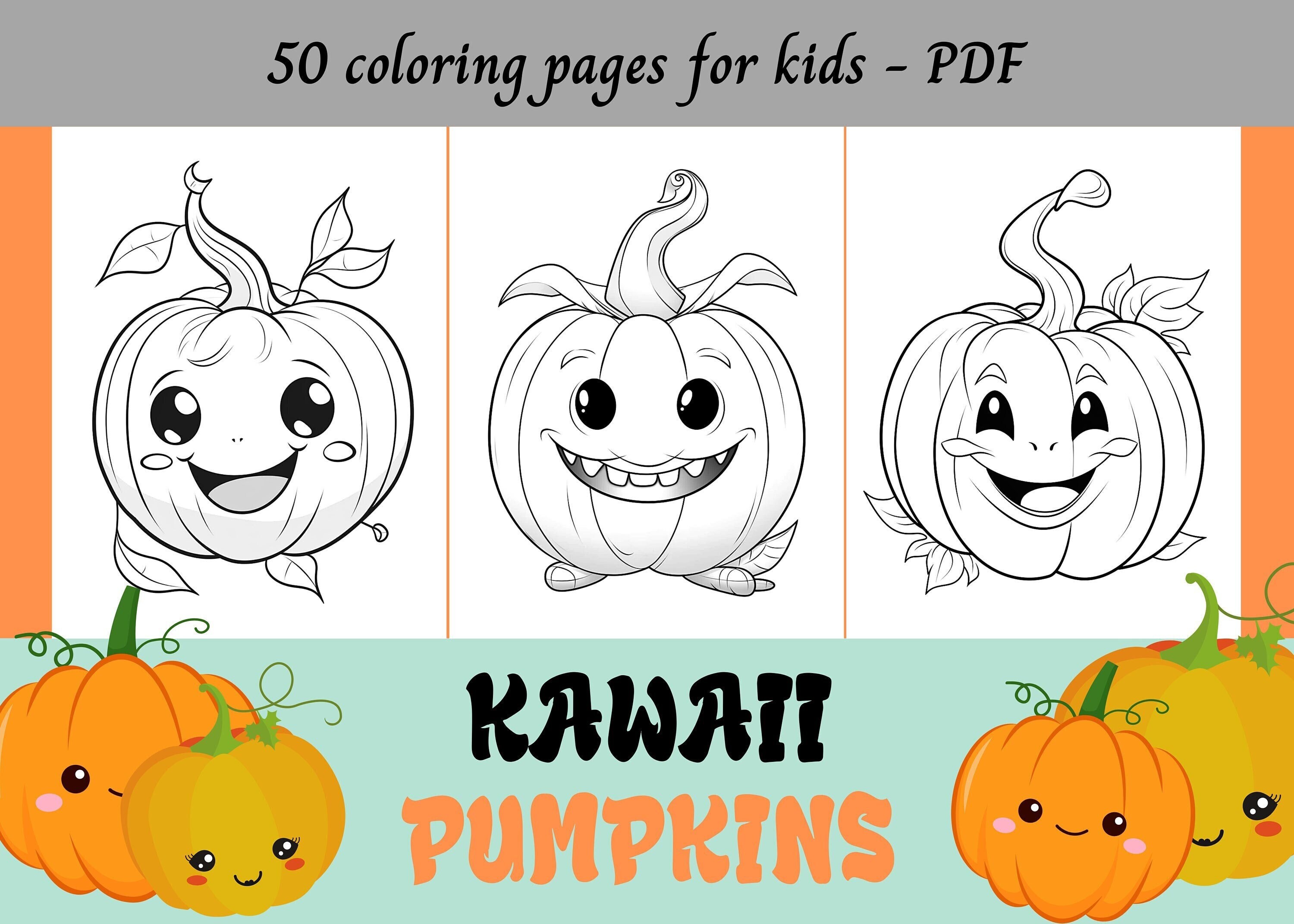 Kawaii pumpkins easy coloring pages for kids printable pages instant download