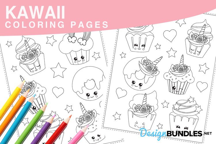 Kawaii coloring pages design bundles