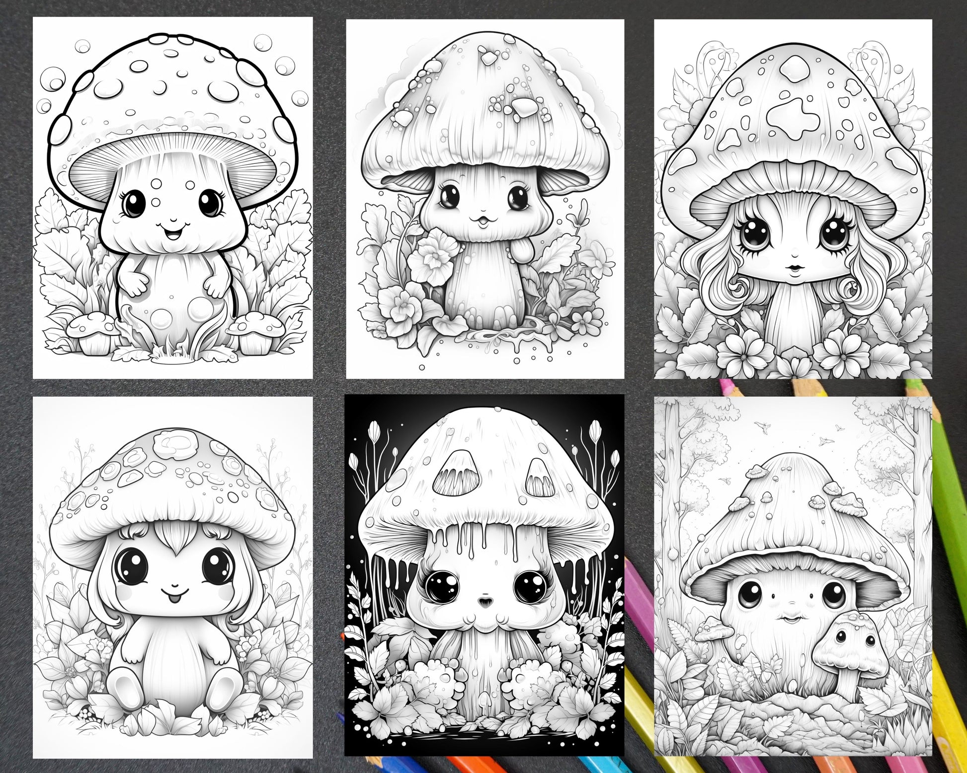 Kawaii mushrooms grayscale coloring pages for adults printable pdf â coloring