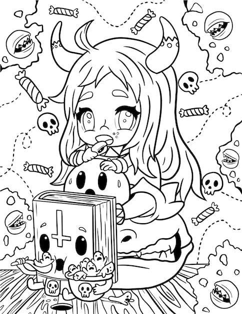 Premium vector cute and creepy kawaii pastel goth adult coloring page