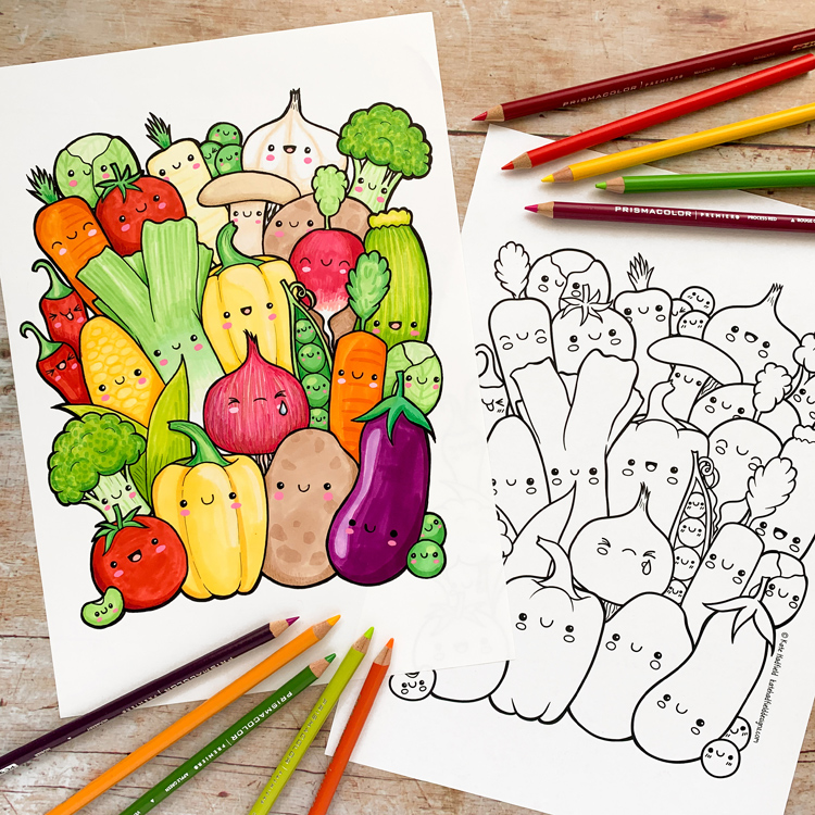 Kawaii veggies colouring page