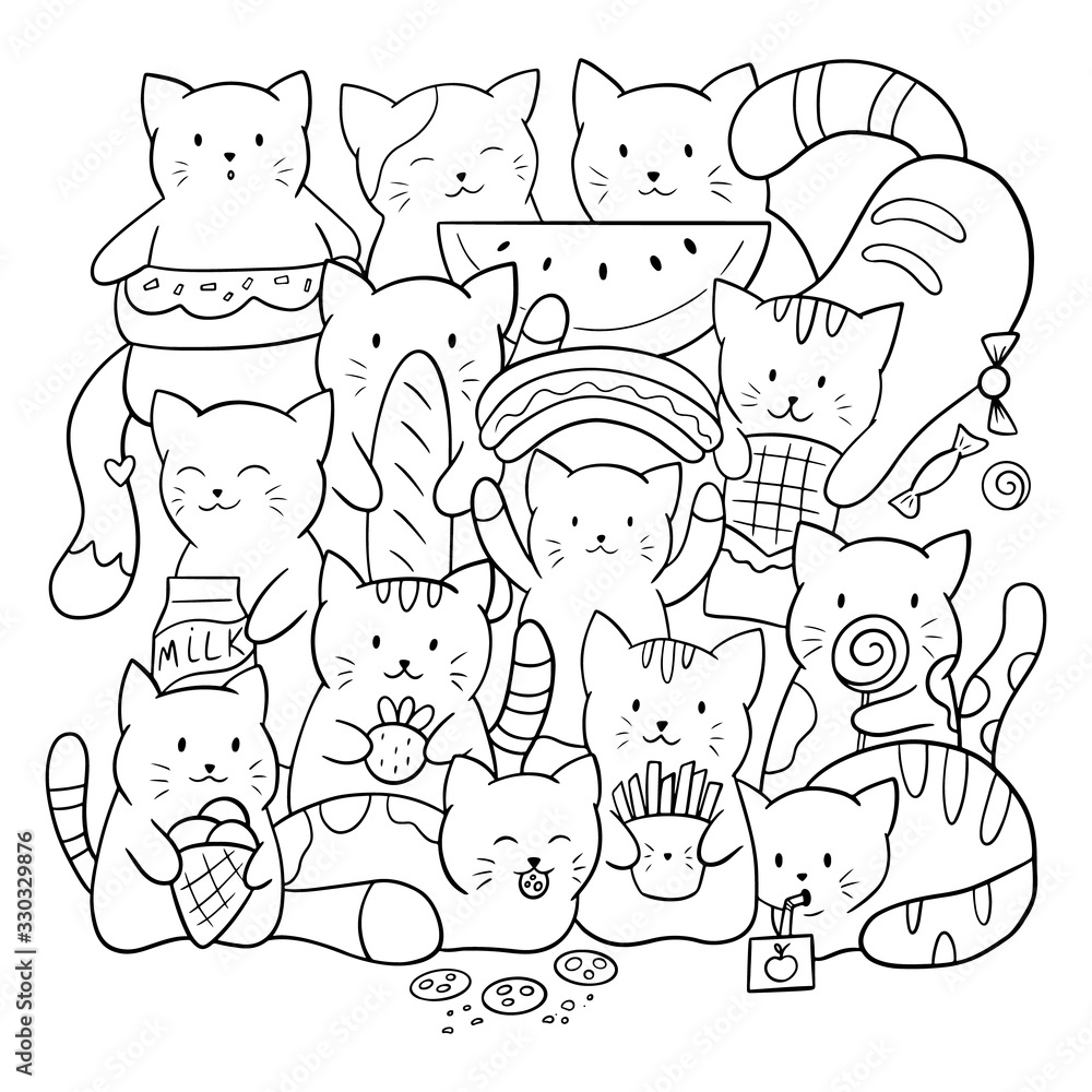 Doodle coloring page for children and adults cute kawaii vector cats with food and sweets black and white illustration vector