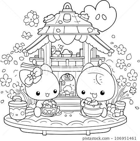 Cute kawaii black and white coloring page for