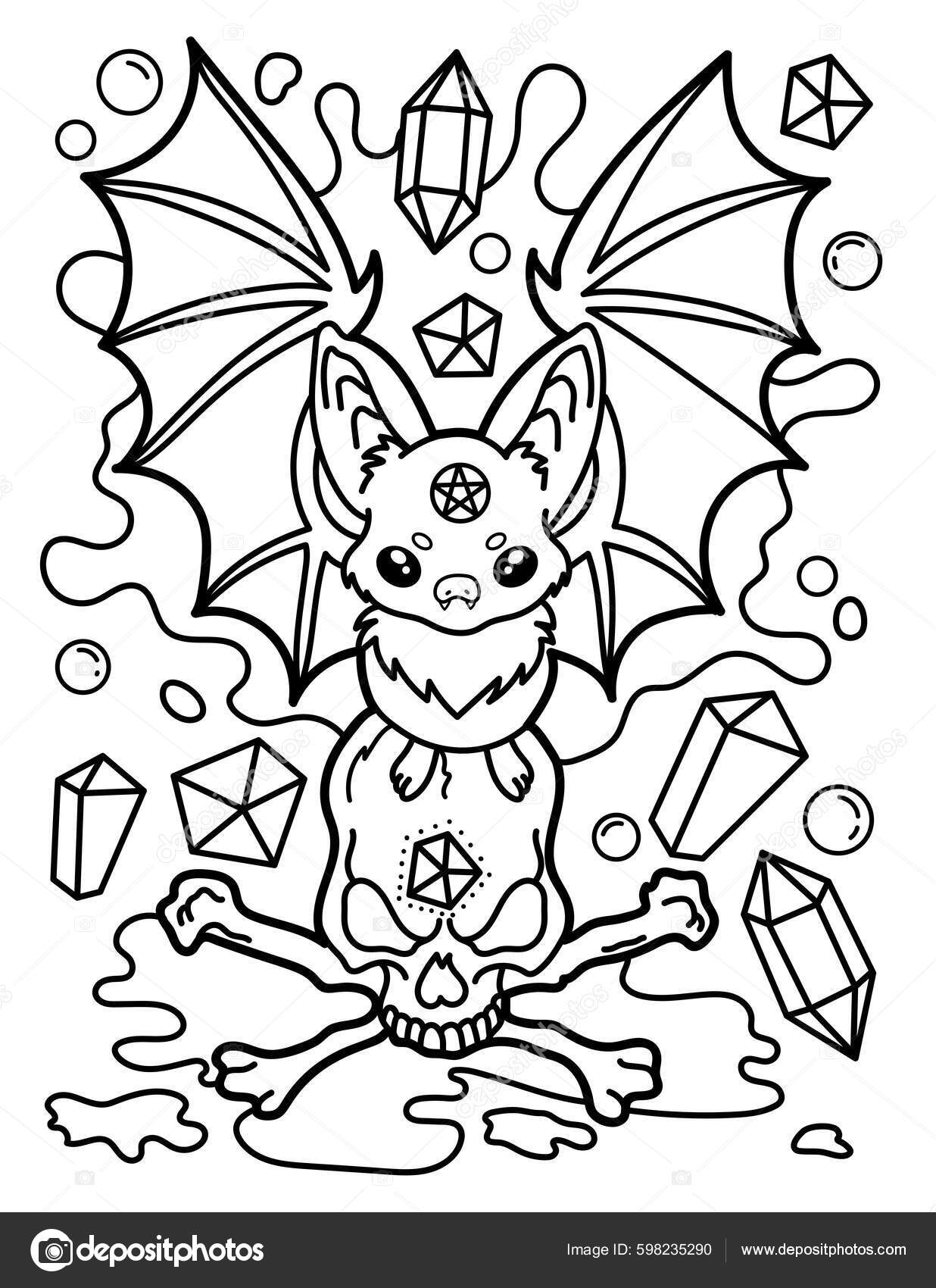 Kawaii coloring page bat skull crystals magic mysticism black white stock vector by meineillustrations