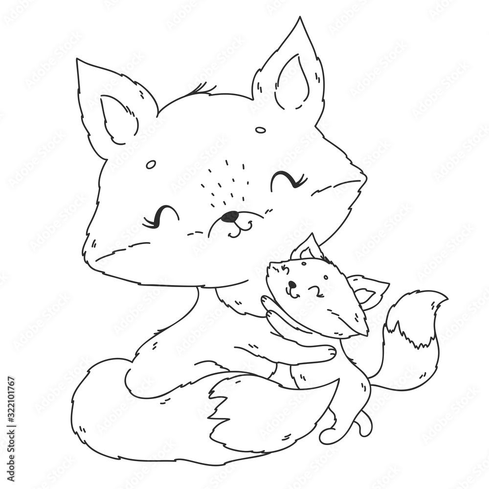 Coloring page with cute fox mother and baby vector