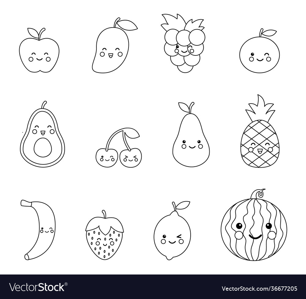 Coloring page with cute kawaii fruits and berries vector image
