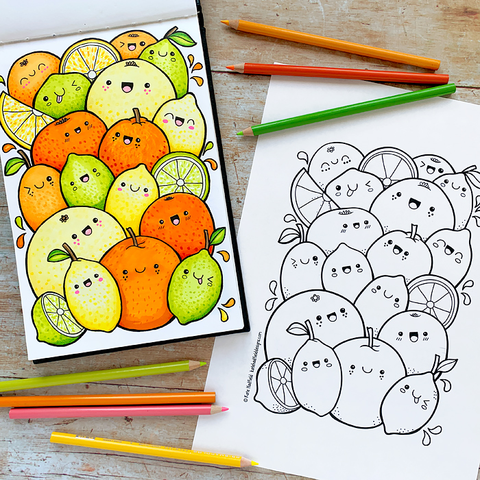 Kawaii citrus fruit colouring page