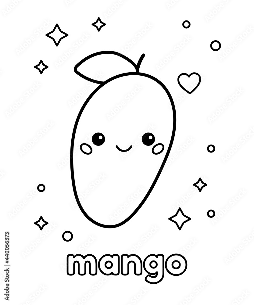 Coloring page for kids cute cartoon mango with happy face kawaii fruit character healthy food vector illustration vector