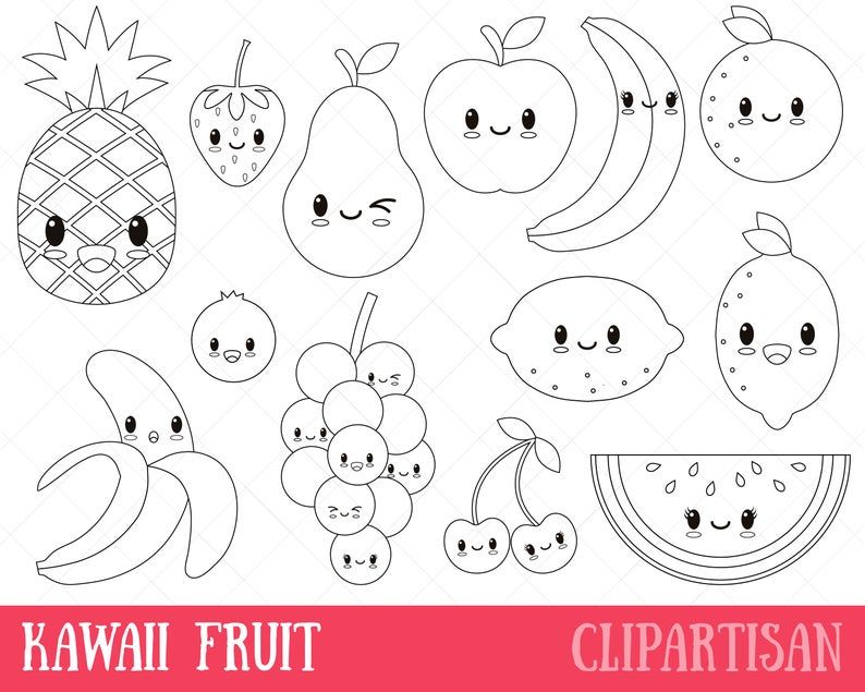 Kawaii fruit digital stamp vector graphics and coloring page