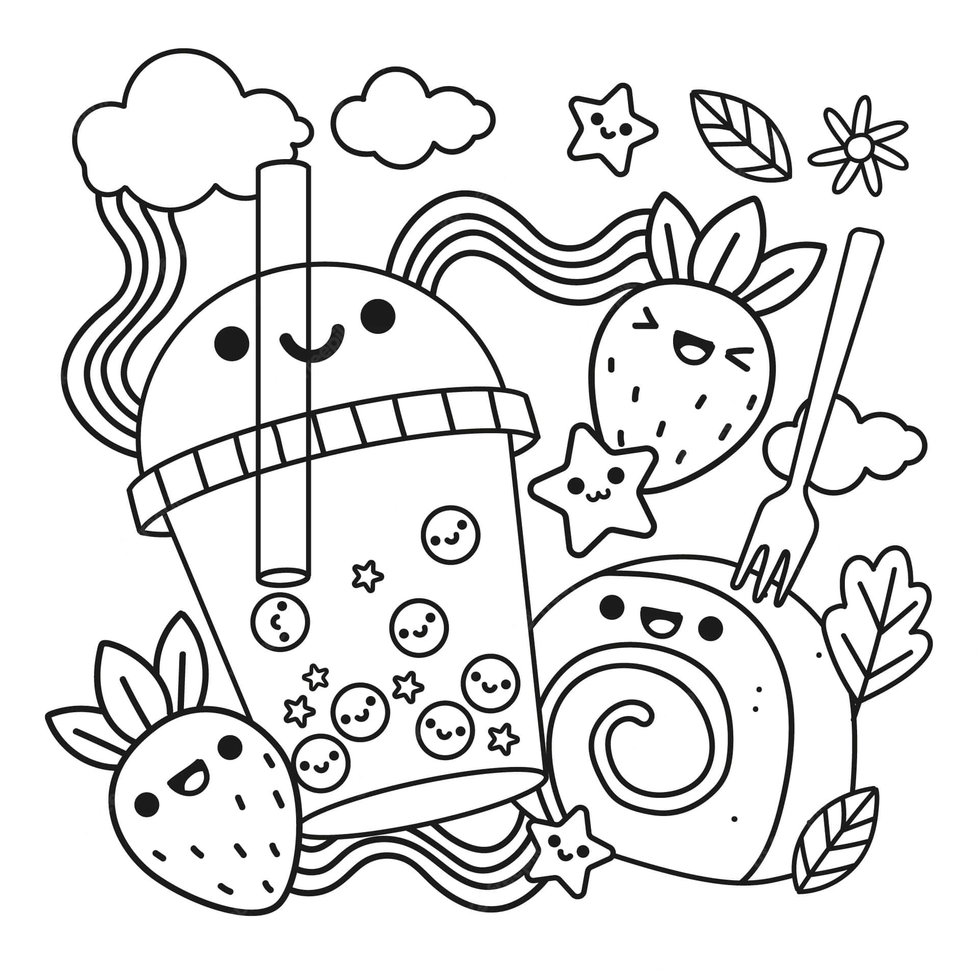 Download kawaii fruit shake and bread coloring pictures