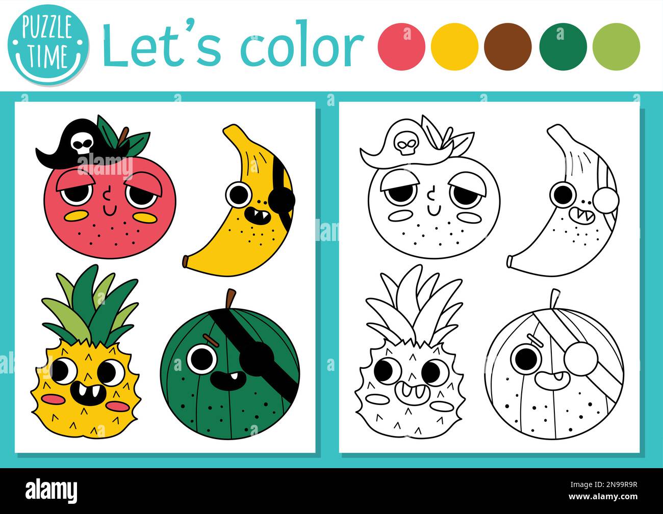 Pirate coloring page for children with pirate kawaii fruits vector treasure island outline illustration color book for kids with colored example dr stock vector image art