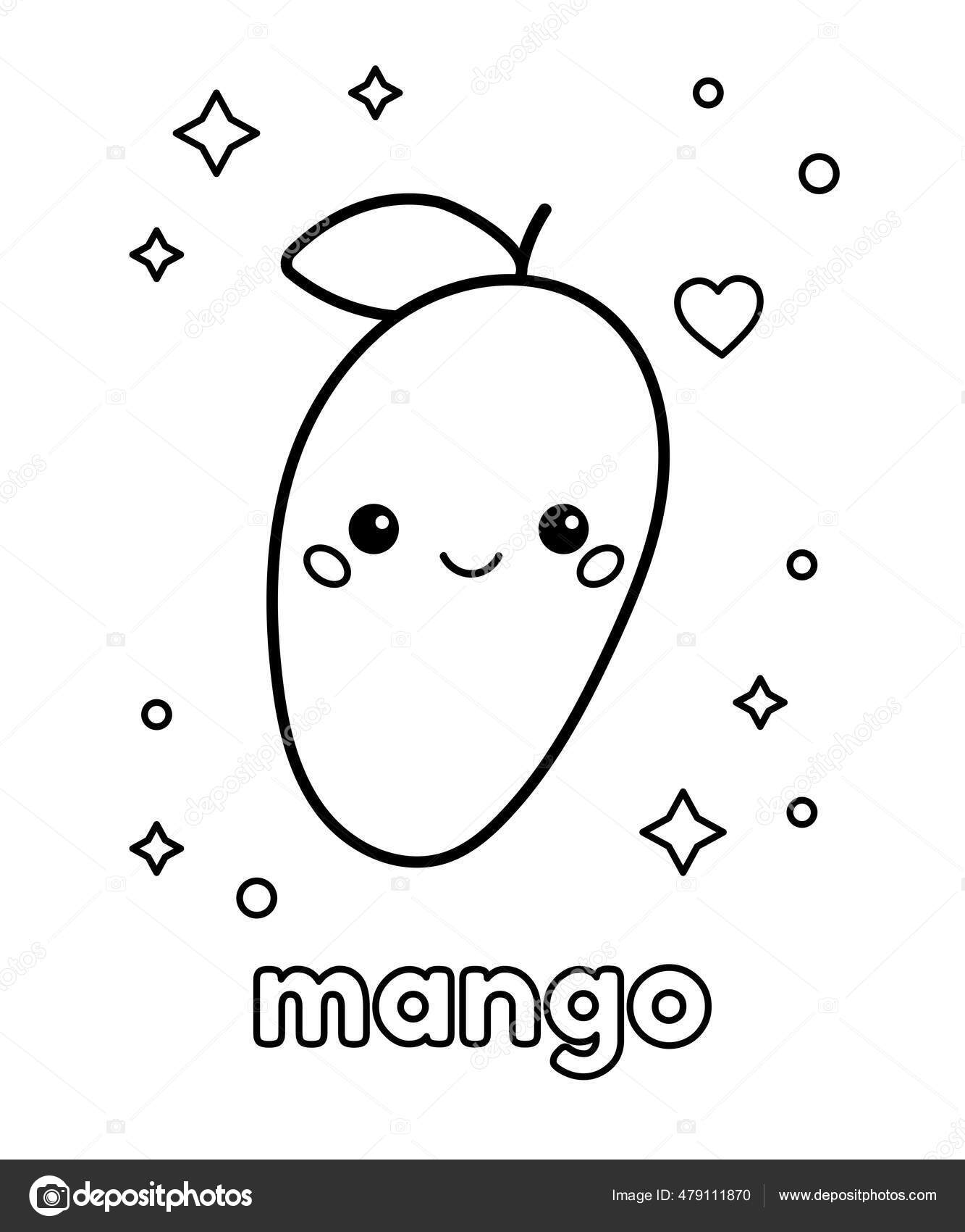 Coloring page kids cute cartoon mango happy face kawaii fruit stock vector by kristina