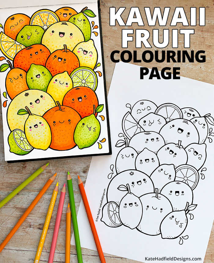 Kawaii citrus fruit colouring page