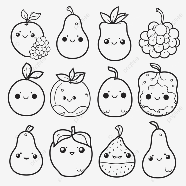 Set of happy kawaii fruit coloring pages outline sketch drawing vector kawaii drawing fruit drawing wing drawing png and vector with transparent background for free download