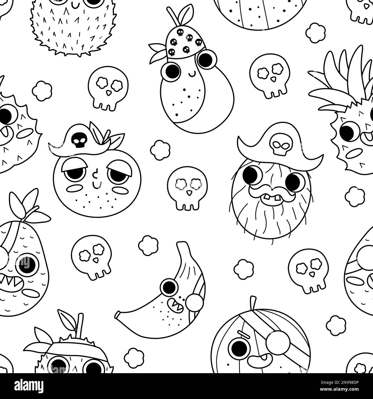 Vector black and white kawaii fruit seamless pattern line pirate fruits repeating background ic digital paper or coloring page healthy summer fo stock vector image art
