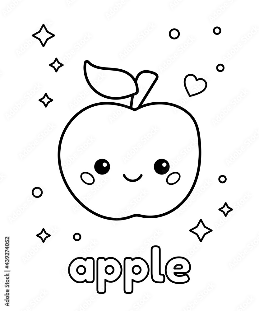 Cute cartoon kawaii apple coloring page with fruit about healthy food for kids vector illustration vector