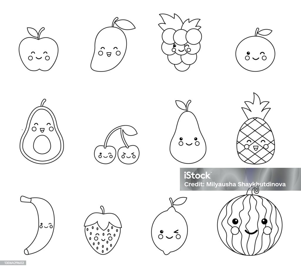 Coloring page with cute kawaii fruits and berries set of black and white fruits stock illustration