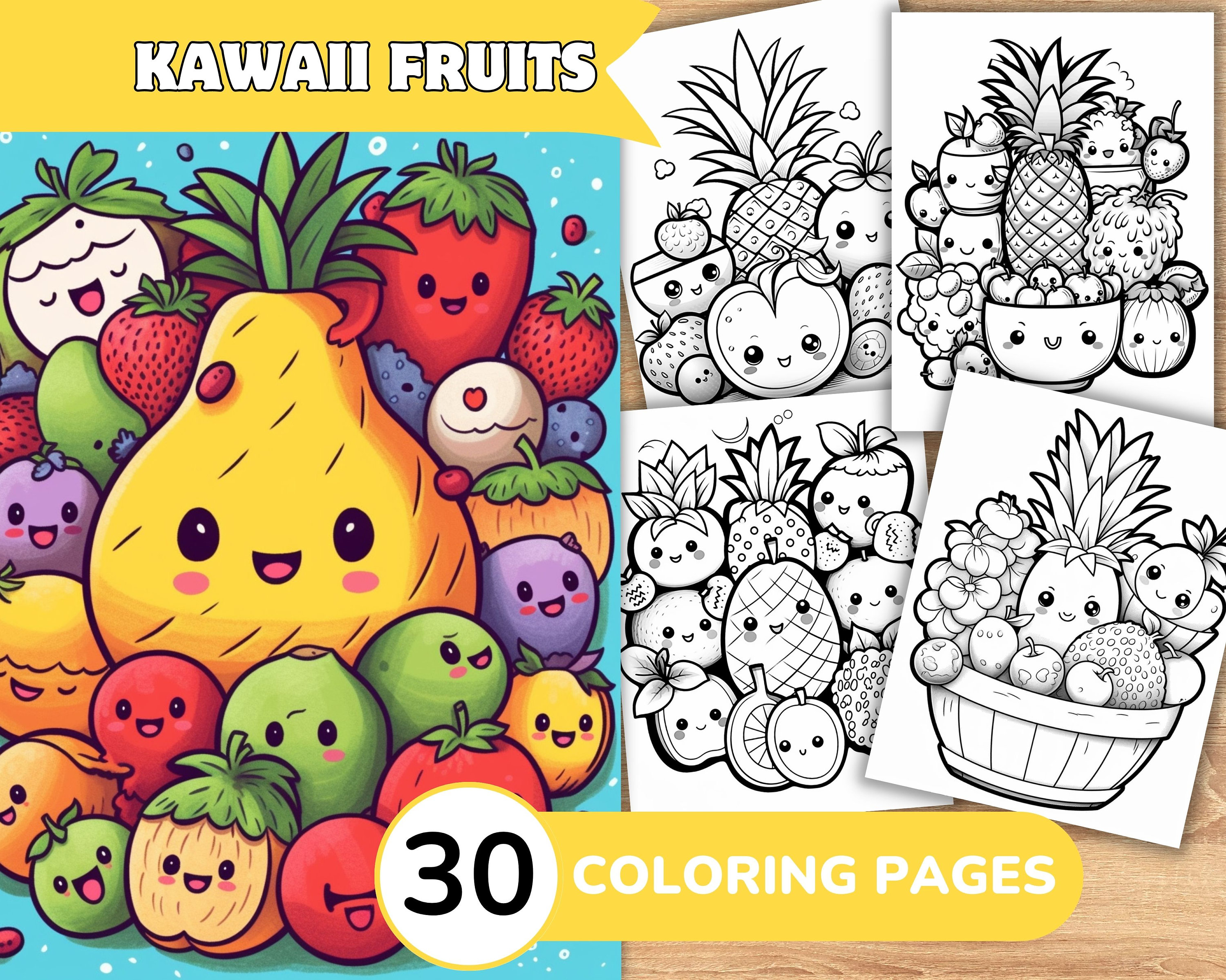 Kawaii coloring page kawaii coloring book kawaii food coloring fruit coloring fruit coloring pagefood coloring book instant download