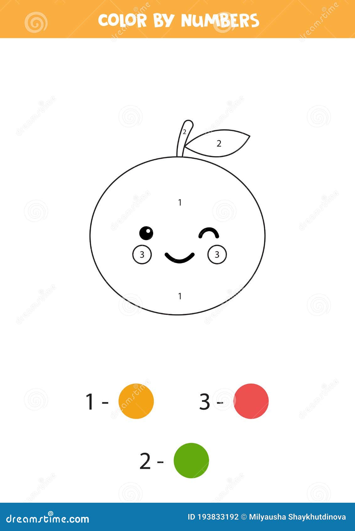 Coloring page with cute kawaii orange by numbers stock vector