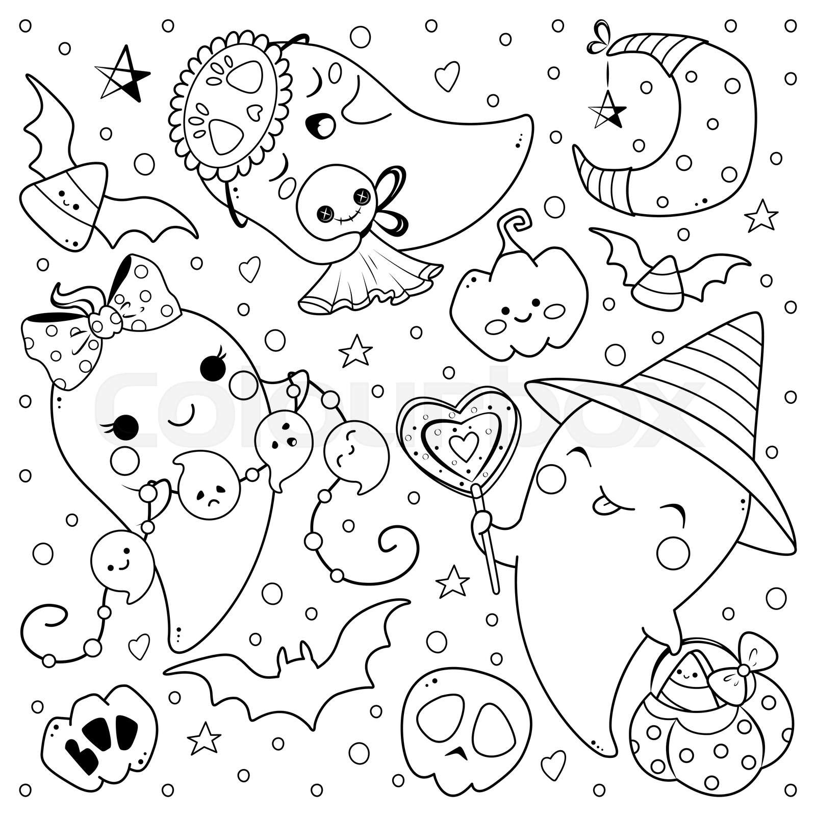 Kawaii ghosts for halloween coloring page outline cartoon vector illustration stock vector