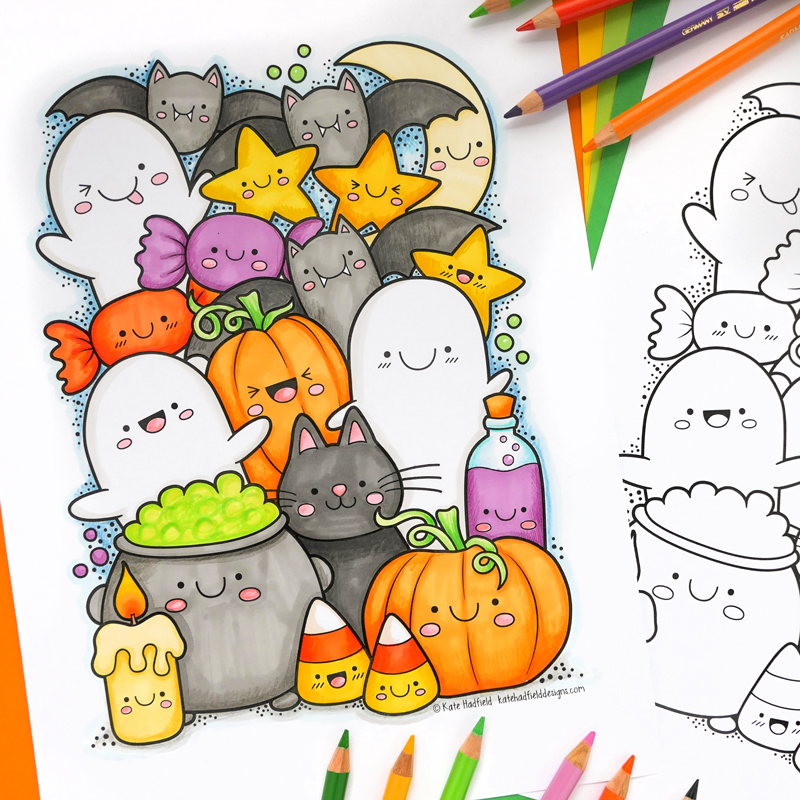 Kawaii halloween colouring page